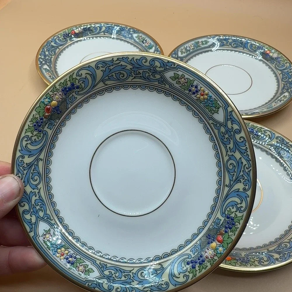 Lenox Autumn Saucer Plates Blue Floral Gold Trim Porcelain 4-Pack Made in USA